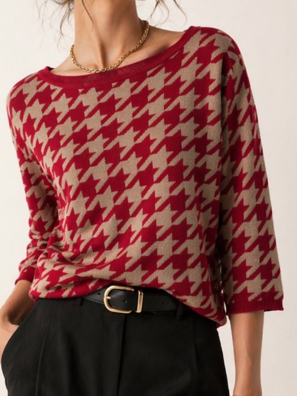 ANN TAYLOR Large Houndstooth Sweater Red Khaki Tan 3/4 Sleeve